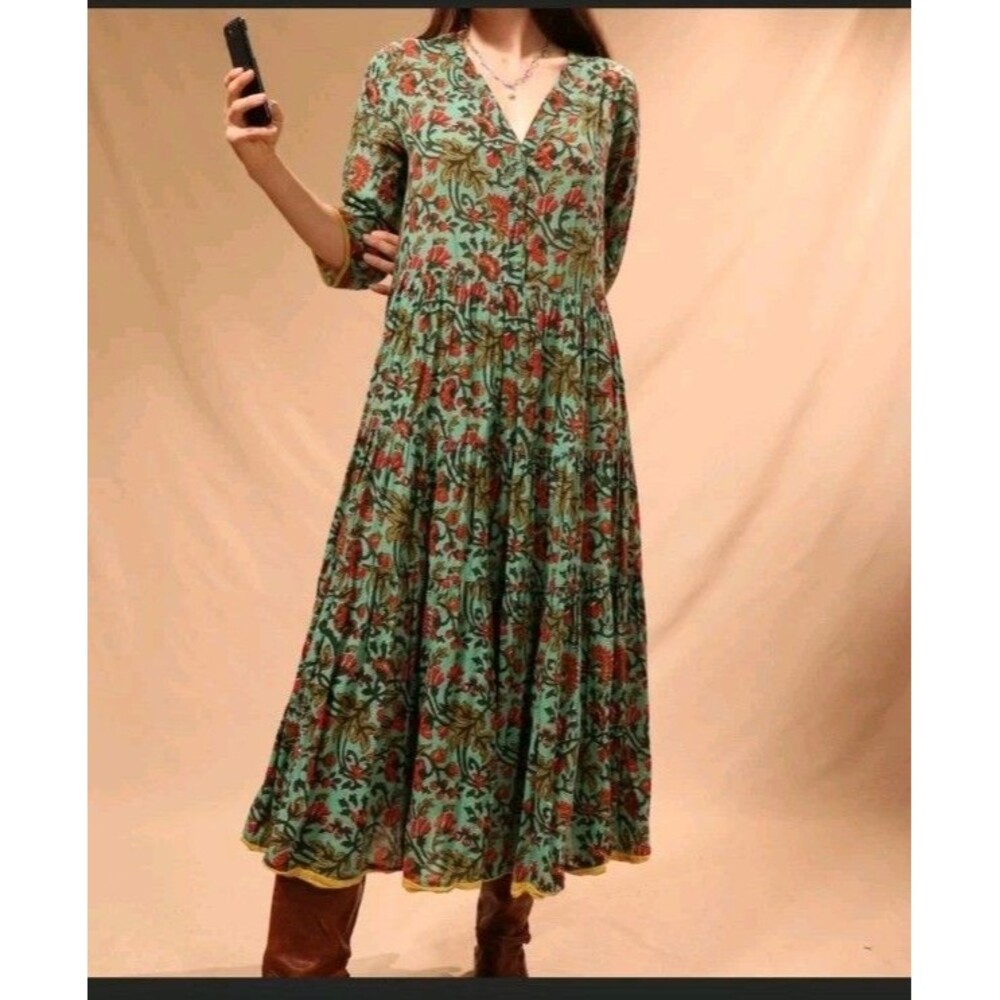 Soft Surroundings Dress S Teal/Red Floral 3/4 Sleeve Tiered V Neck Cotton